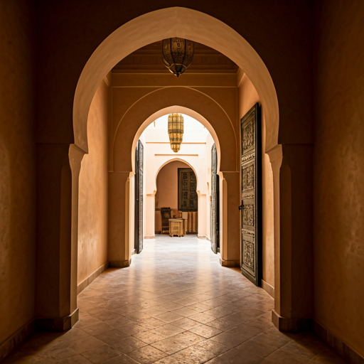Intérieur d'un riad marocain luxueux avec des arches
